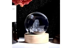 QINJIEJIE 3D Owl Crystal Ball with Wooden Led Base Atmosphere Lights Glass Lamp Ornaments Desk Bedroom Home Decor Crystals Ball Animal Themed Space Gifts for Women Men