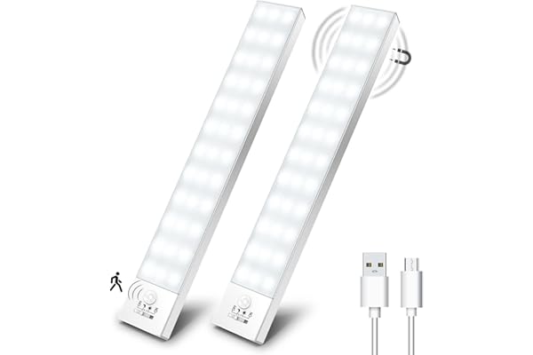 OUILA Luz LED Armario Magnética con Sensor Movimiento Blanco Natural 5000K 36 LEDs 4 Modos Luz LED Adhesiva USB Recargable 1000mAh Luce para Cocina, Armario, Escalera, Pasillo, Garaje-2 Piezas