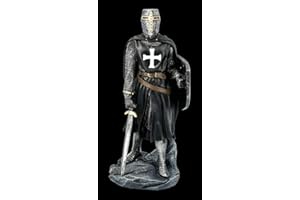 FIGUREN SHOP Negro Caballeros Templarios Figura con Signo de y Espada Templario,Figura Decorativa,Artículo Decorativo,Estatua,Escultura, Mittelalter-Figur, H 30 CM