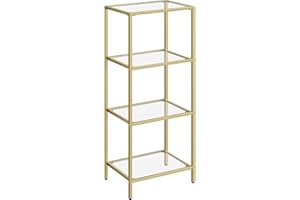 VASAGLE Scaffale in Vetro a 4 Ripiani, Liberia, Organizzatore Portaoggetti, Vetro Temperato, Facile da Montare, per Bagno Soggiorno Camera da Letto Studio, Color Dorato LGT28G