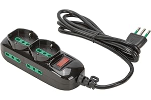 FANTON 474154 Multipresa TRIAX 2 prese bipasso-schuko, 4 prese bipasso, cavo 1,5m, spina a squadra 10A + interruttore di sicurezza, colore nero