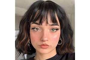 Leeven Mieszana czarna peruka krótka peruka bob z grzywką 35 cm naturalne falowane włókno odporne na wysokie temperatury włosy kręcone peruki z frędzlami dla kobiet kostiumy cosplay / mieszane czarne