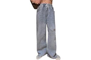 ORANDESIGNE Mädchen Jean Hosen Loch Denim Blau Jeans Vintage Hose mit Weitem Bein für Kinder Fit Beiläufig Lose Gerade Jeanshosen Freizeithose Streetwear