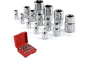 Douilles étoiles, 14 douilles étoiles E-Torx femelles SOONAN Coffret de Douille Torx en Forme Etoile en Cr-V acier, 3 Spécifications 1/4", 3/8", 1/2", avec Boîte Pratique