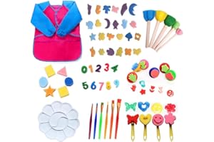 LOOHAOC 63 Piezas Niños Cepillos de Pintura de Esponja Herramientas de Dibujo para Niños Pintura Temprana Artes DIY Artesanías Juguete para la Edad 3-6 con incluye pinceles de espuma Delantal Impermeable