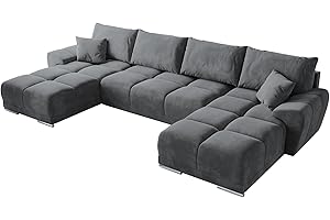 ‎BROMARKT BROMARKT Ecksofa mit Schlaffunktion 372x184x85 cm - Kollektion NUBES U - Wohnlandschaft U Form - Eckcouch mit Bettkassen - Sofa U Form- Sofa 5-7 Sitzer - Hellgrau