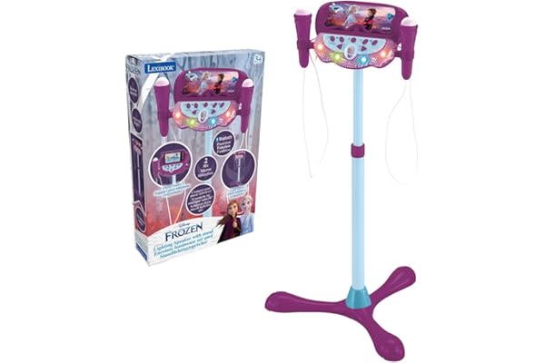 Lexibook Frozen La Reine des Neiges Enceinte Lumineuse sur Pied pour Enfant, Jeu Musical, Hauteur Ajustable, Effets Lumineux, 2 Microphones Inclus, Prise pour MP3, Prise Aux-in, Violet/Bleu, S160FZ
