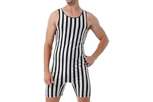 FEESHOW Men Adult Striped Wrestling Singlet Bodysuit Weight Lifting Stretchy Unitard Fitness Jumpsuit