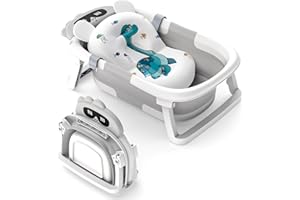 GOLDENOUGH Baby Bath Tub Foldable, Baby Bath Essentials for Newborn with Non-Slip Mat Collapsible Toddler Bathtub Baby Bathtub Newborn to Toddler 0-24 Months Portable Travel Multifunctional Baby Bath Tub, Grey