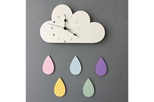 SWECOMZE Kinder Wanduhr Wolken, Uhr ohne Tickgeräusche, Kinderuhr für Kinderzimmer, Lautlos Uhrwerk, Cute Kreativität Kinderuhr Dekoriertes Kinderzimmer Wohnzimmer (Weiß Wolken + bunt Regentropfen)