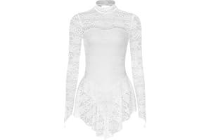 Moggemol Figure Skating Dress for Women Mock Neck Lace Ice Skating Skirt Ballet Dance Leotard Dress