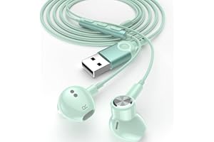 USB Earphone for PC, ACAGET USB Headphones Headset with Microphone, Anti-slip Earbud Cover with Earhook, 7.5 Ft, Wired In-ear Computer Earphones for Dell Laptop for hp for Work Women Girls, Mint Green