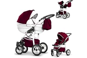DEIN-BABYLÄDCHEN 16 teiliges Qualitäts-Reisesystem 3 in 1"COSMO-ECO" - KUNSTLEDER: Kinderwagen + Buggy + Autokindersitz + Schwenkräder - Mega-Ausstattung - Farbe (CE-6) WEIß-BORDEAUX KUNSTLEDER-WEIß