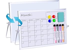 FREEASY Dry Erase Monthly Calendar With Stand, 35 x 25 cm Double-Sided Desktop Whiteboard & Magnetic Planner, Portable for Home, School, Office