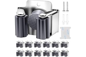 KAHEIGN 12 Pezzi Porta Scope in Acciaio Inox, Supporto per Mocio da Parete Gancio per Utensili Resistente con Ingranaggio in Silicone Antiscivolo per Cucina Bagno Armadio Giardino Garage