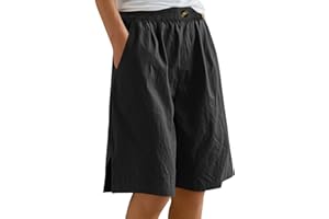 GÉNÉRIQUE Bermuda Femme Grande Taille Short Baggy Femme Longueur Genou Jambe Large Confortable Coton Lin Élastiqué Taille Haute Été Solide Short avec Poches Basique Mi-Long pour Extérieur