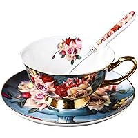 Set 4 Tazze E Piattini In Porcellana Bone China - Motivo Floreale In Rilievo - 180 Ml Con Cucchiai - YBK Tech