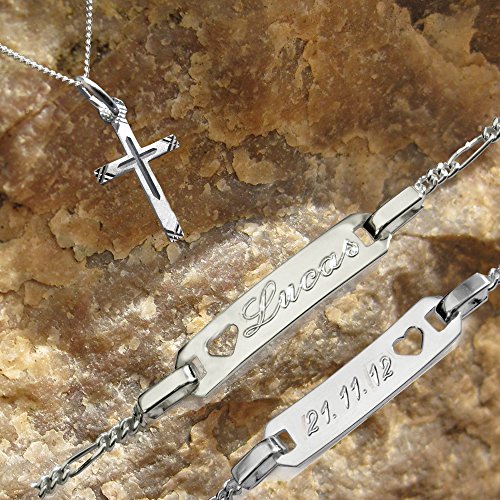 Taufset : Anhänger Kreuz mit Venezianer-Kette + Babyarmband – Taufarmband ID mit kostenloser- Gravur 13 – 15 cm: Figaro-Glieder. Beide Teile Sterling Silber 925 gestempelt - 3