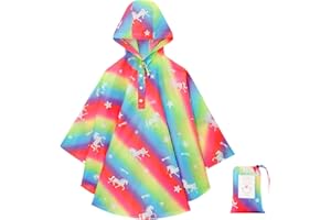 KAKU NANU Kids Rain Poncho 3-12 Years Lightweight Waterproof Cartoon Pattern Rain Coat with Hood Storage Bag Reusable 9 Colors