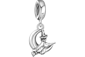 Andante-Stones, ciondolo a forma di strega sulla luna, in argento Sterling 925, con ciondolo a forma di strega sulla luna, elemento sfera per perline europee + sacchetto in organza.