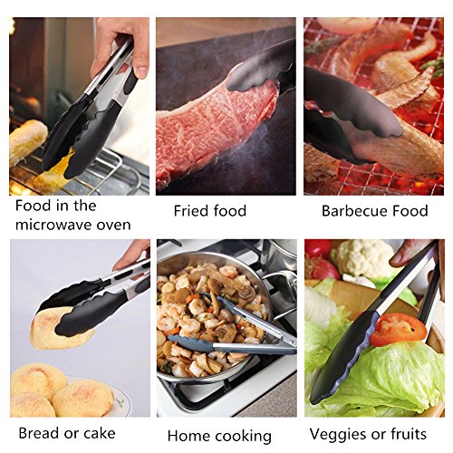 WOSON 5Pcs BBQ Grill Zubehör Set – 4x Silikon Backpinsel / Grillpinsel (21*3.5cm) + 1x Küchenzange / Grillzange aus Edelstahl mit Silikon 27cm für Kochen, Grillen, Backen und Servieren - 4