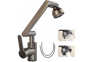 BASAMOU Robinet d'évier Cuisine Douchette Rotatif à 360°, Mitigeur Cuisine Rabattable, Robinet Salle de Bains Universel, Pivotant Robinet en Acier Inoxydable, 2 Modes de Pulvérisation, avec Tuyau 60CM