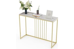 FATIVO Konsola wejściowa Dekoracja do korytarza : Biały marmurowy blat Konsole Biurko Długie 100 cm Wysoki połysk Spiekany Kamień Marmurowy Blat Złota Rama Smukła Wysoka Nowoczesna Sofa Stoliki Boczne