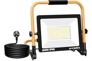 Willpower Foco LED de Trabajo 200W 20000LM Portátil Con Soporte Plegable - Proyector Con Enchufe, Luz de Construcción Impermeable IP66 Para Exterior, Obra, Taller, Garaje - 6000K Blanca
