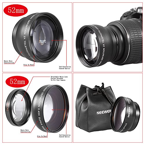 Neewer® 52 mm kit completo para nikon d5100 D5000 D90 Cámaras, incluye: 52 mm gran angular y teleobjetivo, Neewer 750II iTTL Flash, mando a distancia, filtros, filtro de primer plano macro, accesorios, difusores