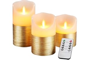 AnnSpa 3 Set Gold LED Kerzen Batteriebetriebene mit 10-Tasten-Fernbedienung und Radfahren 24-Stunden-Timer，Flammenlose Echtes Wachs Flackern Moving Wick Flackern Amber Yellow Light Pillar Candles