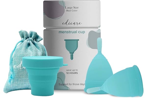 Edicare, Cup Menstruelle, Comprend 2 Coupes, 1 Stérilisateur et 1 Sac de Transport, Silicone de Qualité Médicale, Doux, Réutilisable et Lavable 100% Sûr (L - Turquoise)