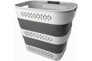 SAMMART 40L Collapsible Plastic Laundry Basket with Handles - Foldable Pop Up Storage Container/Organizer - Portable Laundry Hamper - Space Saving (1, Grey)