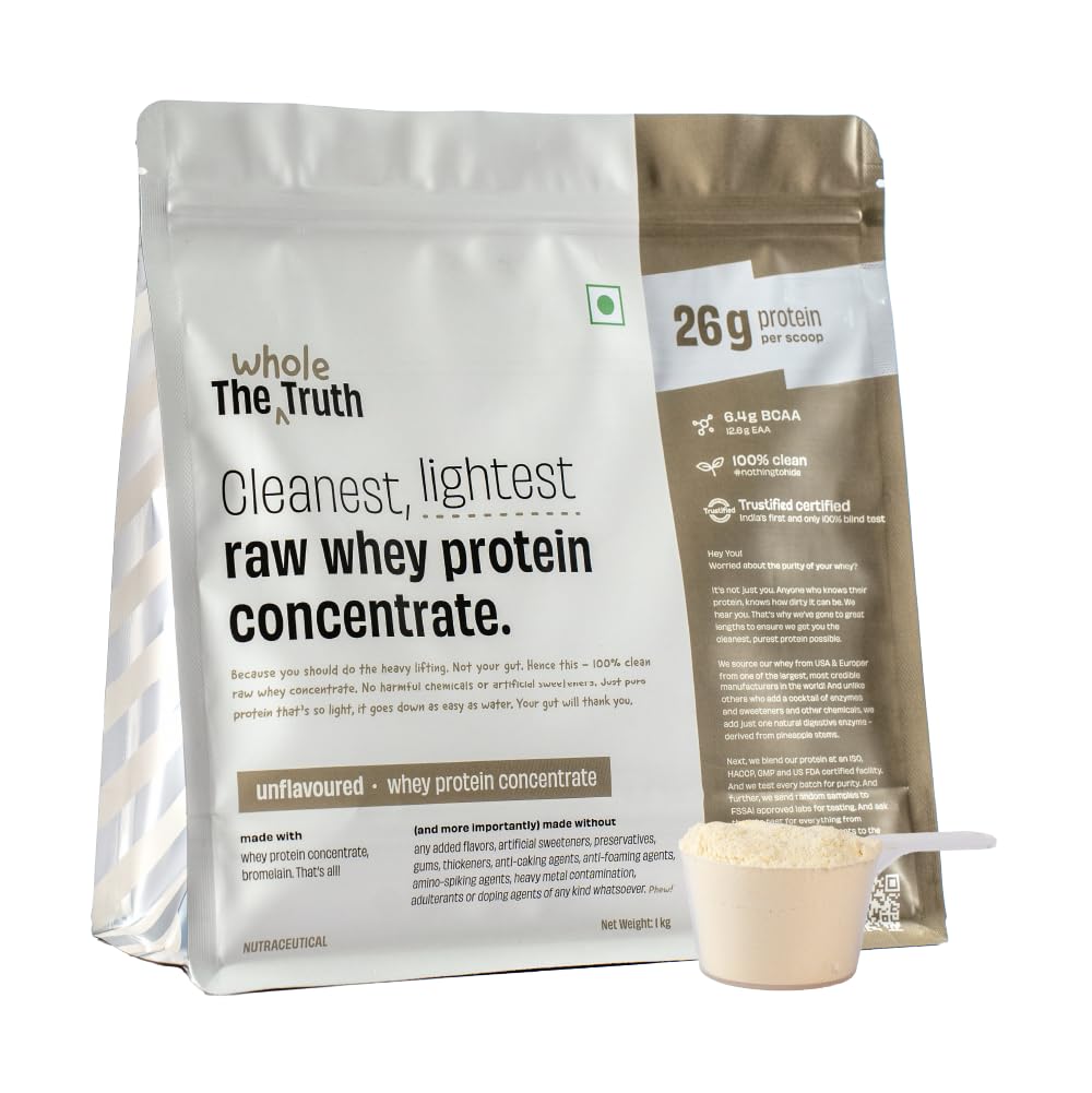 The Whole Truth Whey Protein Concentrate Unflavoured |1 kg (2.2 lbs) | 26g Protein per scoop | 6.4g BCAA | 100% Authentic Whe