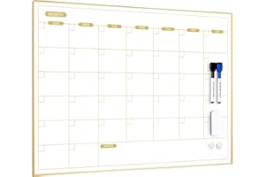 ARCOBIS Lavagna bianca con calendario mensile, 60 x 45 cm, magnetica, cancellabile a secco, con cornice dorata, da appendere alla parete, per casa, ufficio, scuola