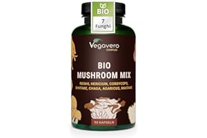 Funghi Medicinali BIO | 1.300 mg di: Reishi, Cordyceps, Hericium, Agaricus, Maitake, Shiitake e Chaga | Estratti altamente dosati | Analizzato in laboratorio | Vegan | Vegavero®