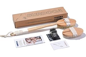 SURDOCA Dry Brushing Body Brush - Natural Wooden Long Handle Shower Back Scrubber with 2 Bath Brush Heads, Exfoliating for Men Women (A - Natural Wood Colour)
