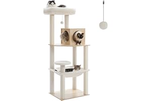 PETEPELA Arbre à Chat Design Moderne, Arbre a Chat en Bois avec Grand Hamac, Perchoir Confortable & Poteaux à Griffer en Sisal, 143 cm, Beige