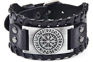 THAJALING Pulsera de cuero negro para hombres, estilo vikingo con vegvisir, brújula nórdica con runas