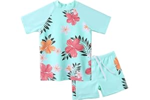 ZNYUNE Fille Maillot de Bain Imprimé 2 Pièces Haut Manches Courtes + Short Enfant Rash Guard Anti-UV Protection Solaire UPF50+