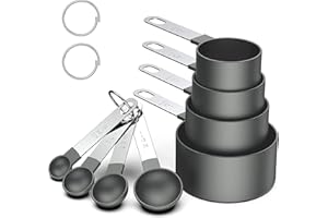 RUNZI 8 Pcs Measuring Cups and Spoons Set, Stackable Stainless Steel Handle Accurate Tablespoon for Measuring Dry and Liquid Ingredients Small Teaspoon with Plastic Head (Black)