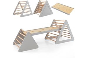 GOPLUS Kletterdreieck mit Leiter und Rutsche, Klettergrüst aus Naturholz mit robustem Rahmen, Sprossendreieck mit doppelseitiger Rampe zum Klettern&Rutschen, für Kleinkinder ab 3 Jahren (Grau)