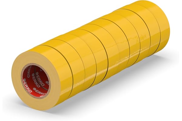 ERKO Cinta aislante 15mm x 10m amarillo 10 piezas, adhesiva para instalaciones eléctricas PVC, para aislar y reparar cables eléctricos, extrafuerte, agrupar cables
