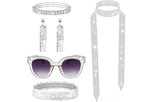 MELEAGER 70er Jahre Disco Outfit Damen Accessories 5 Stück, 70er 80er Disco Pailletten Sonnenbrille Glitzer Haarband Quaste Ohrringe Strass Halskette Armband Kostüm Zubehör Set für Fasching Party Karneval
