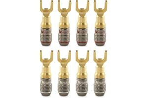 ‎NAKAMICHI Nakamichi FanLock Wtyk Złącza widełkowe platerowany 24-karatowym złotem 10 AWG - 18 AWG Rozmiar miernika 4mm dla głośników Wzmacniacz Hi-Fi Kino domowe Kabel audio Szybkozłącze, 8 Sztuki (4-Pary)