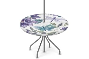 KNEMI Outdoor Round Tablecloth with Umbrella Hole, Dragonfly Patio Table Cover Fitted Tablecloth Waterproof Umbrella Table Cover for Party Picnic,Fit for 36"-44" Round Tables