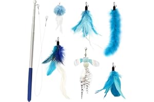 SONGWAY Zabawka dla kota różdżka z piórami – 7 szt. interaktywne zabawki dla kotów domowych dla kotów domowych, 1 chowana różdżka z 6 wkładami z piór, zabawki z kocimi piórami, zabawki na wędkę dla