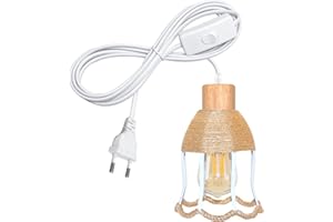 LQUNFYL 5M Cavo Lampadario a Sospensione con Spina, Legno E27 Portalampada con Interruttore, Include Bianco Forma del Fiore Corda Canapa Metallo Paralume, Lampada a Sospensione, DIY Lampade a parete