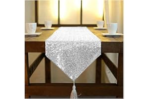 ShinyBeauty Silver Sequin & Tassel Table Runner 30x180cm, Glitter Wedding Party Banquet Table Decor, Elegant Table Linen for Events and Home Decoration