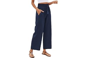 Famulily Women's Casual Cotton Linen Pants Wide Leg Lounge Trousers with Pockets Elastic High Waist with Drawstring Pants