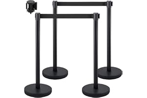 VEVOR Poteau de Guidage, 4 Pcs Poteaux de Séparation Rétractable avec 2m Ceinture Noire, File d'Attente Balisage en Acier Inoxydable, Barrière de Passage pour Aéroport Banque Contrôler des Foules